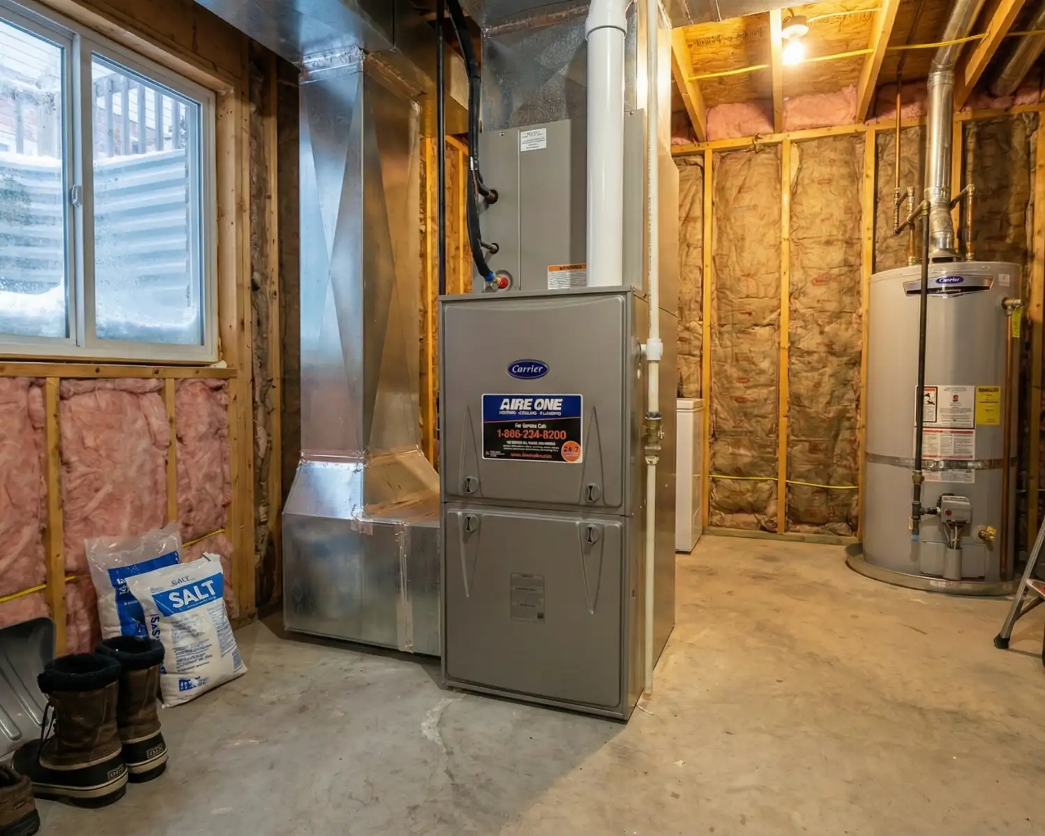 Basement mechanical room with a high-efficiency furnace, supply plenum and water heater between insulated stud walls